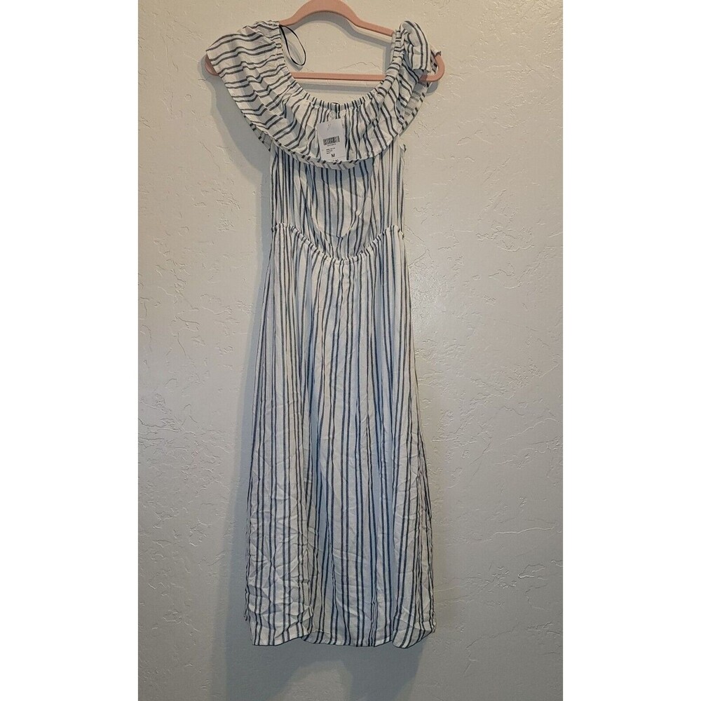 Forever 21 Womens Sz M Off The Shoulder Midi Length Dress White Blue Striped